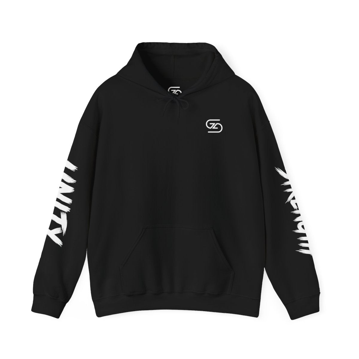 Black Global Stitch pullover hoodie featuring a small embroidered chest logo and bold UNITY text on one sleeve and STRENGTH on the other sleeve